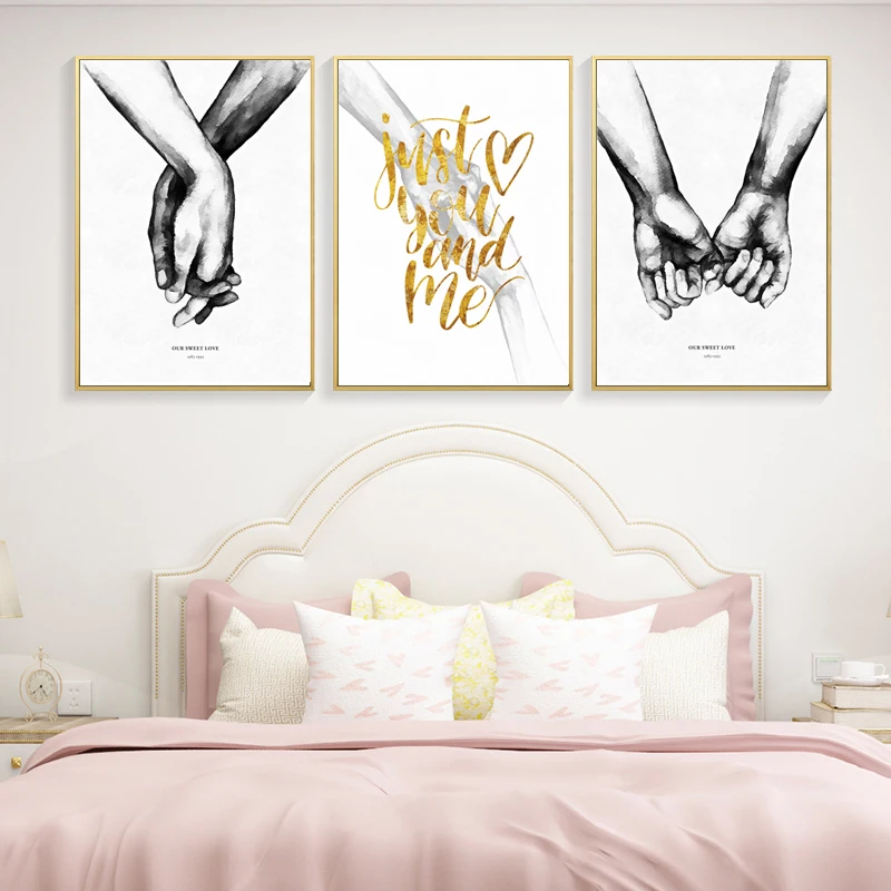 

Nordic Black White Minimalist Holding Hands Love Poster Canvas Prints Lover Hebrew Letters Wall Art for Living Room Decor