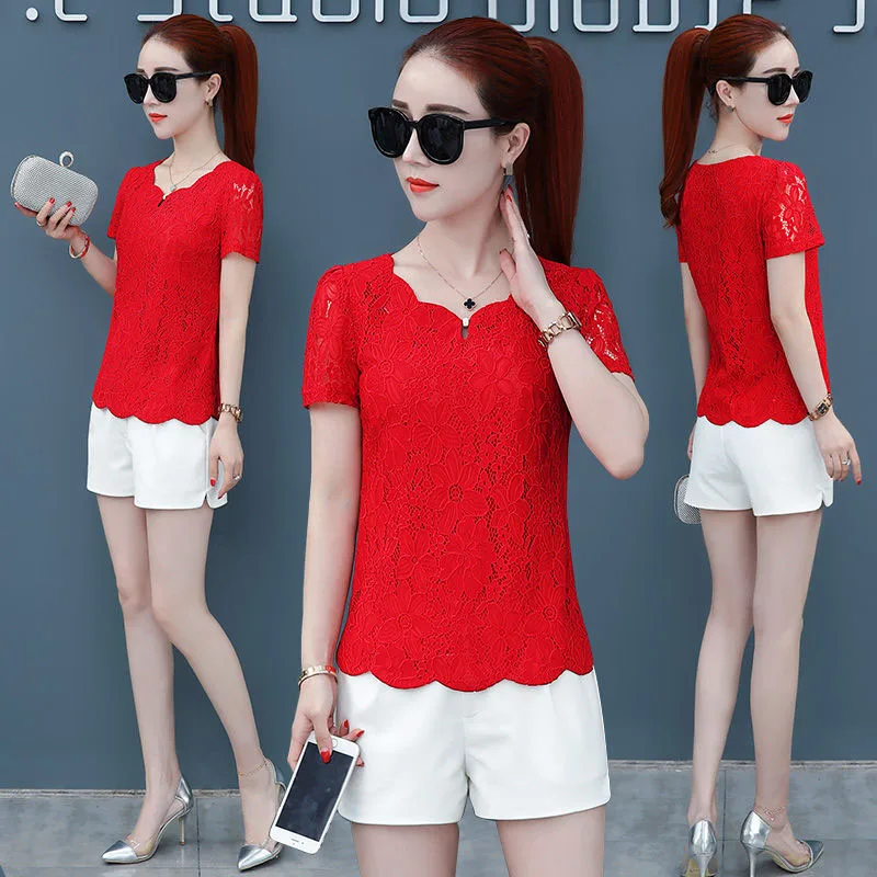 Женская блузка с коротким рукавом желтая кружевная большие размеры 3XL весна-лето