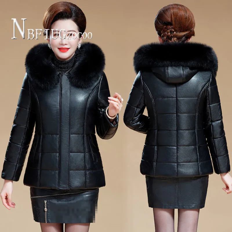 

Парка женская из искусственной кожи, с подкладкой и пухом, размера плюс