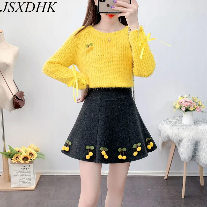 

JSXDHK New Arrival Autumn Winter Cherry Knitted Lace Up Soft Yellow Sweaters Sets + High Waist Woolen Mini Skirts Sweet 2PCS Set