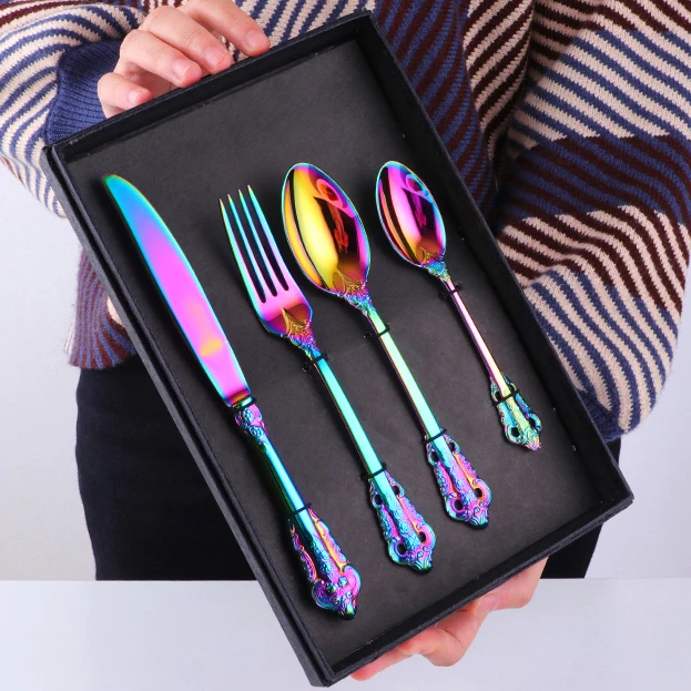 

Rainbow Cutlery Set Stainless Steel Retro 4Pcs Steak Knife Fork Spoon Western Dinnerware Set Reusable Home Tableware Set MM60CJ