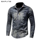 Джинсовая рубашка мужская с длинным рукавом, Модная приталенная синяя уличная одежда в стиле ретро, мотоцикл, отдых, тонкая куртка, джинсовые рубашки