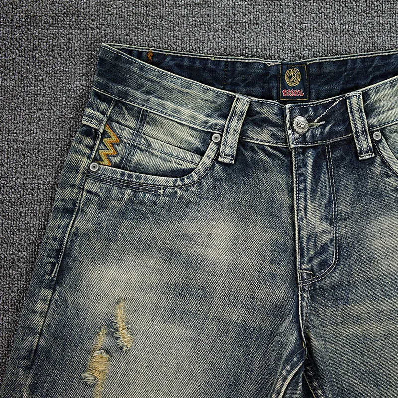European American Vintage Fashion Men Jeans Retro Yellow Blue Distressed Short Ripped Jeans Men Summer Designer Denim Shorts