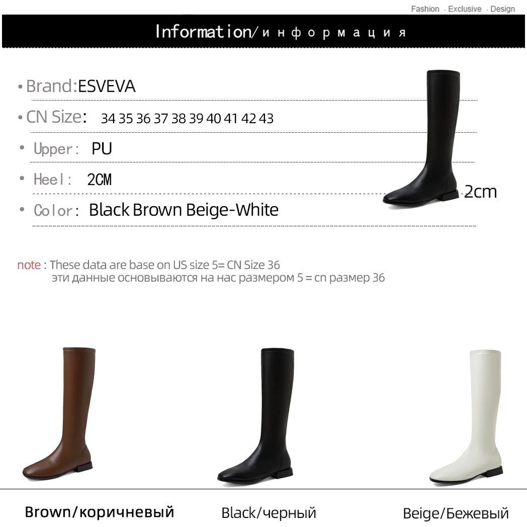 

ESVEVA 2021 Elegant Zipper Round Toe Square Low Heel PU Leather Knee High Boots Women Boots Shoes Boots Size 34-43