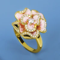 classic womens ring golden flower ring pink enamel jewelry 925 silver zircon flower ring bridal jewelry handmade epoxy enamel