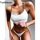 Женский купальник в рубчик, комплект бикини из двух частей с металлической цепочкой, купальный костюм с высокими штанинами, V1934, 2021