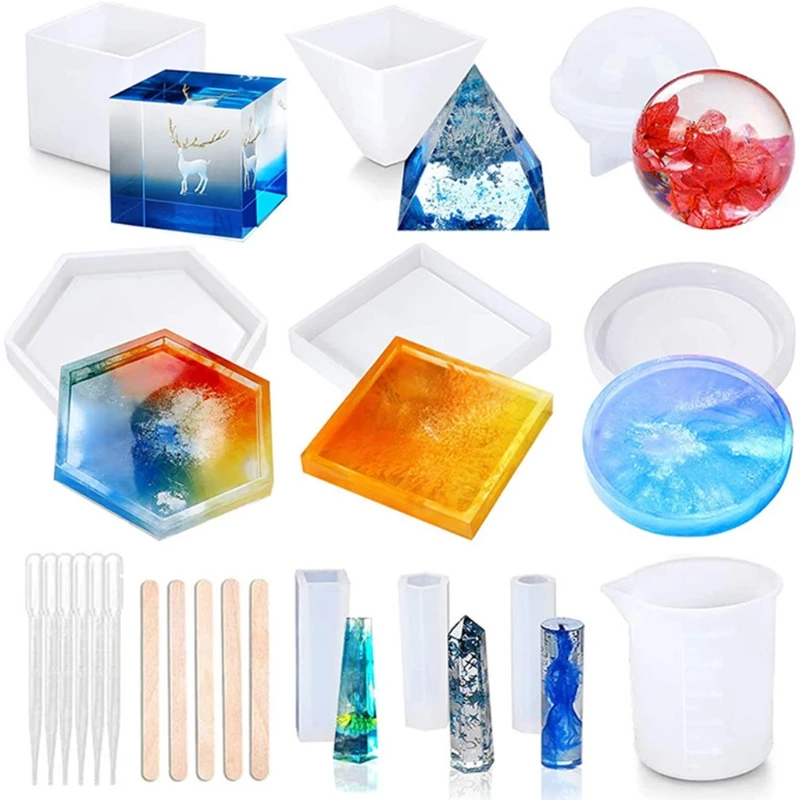 

DIY Silicone Resin Molds 20Pcs Resin Casting Molds Including Sphere Cube Pyramid Coaster Tube Pendant Resin Epoxy Molds