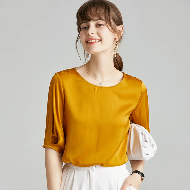 Женская модельная рубашка из чистого шелка Повседневная Блузка с круглым