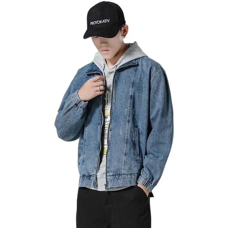 Мужская джинсовая куртка осенняя повседневная свободная мешковатая синяя с