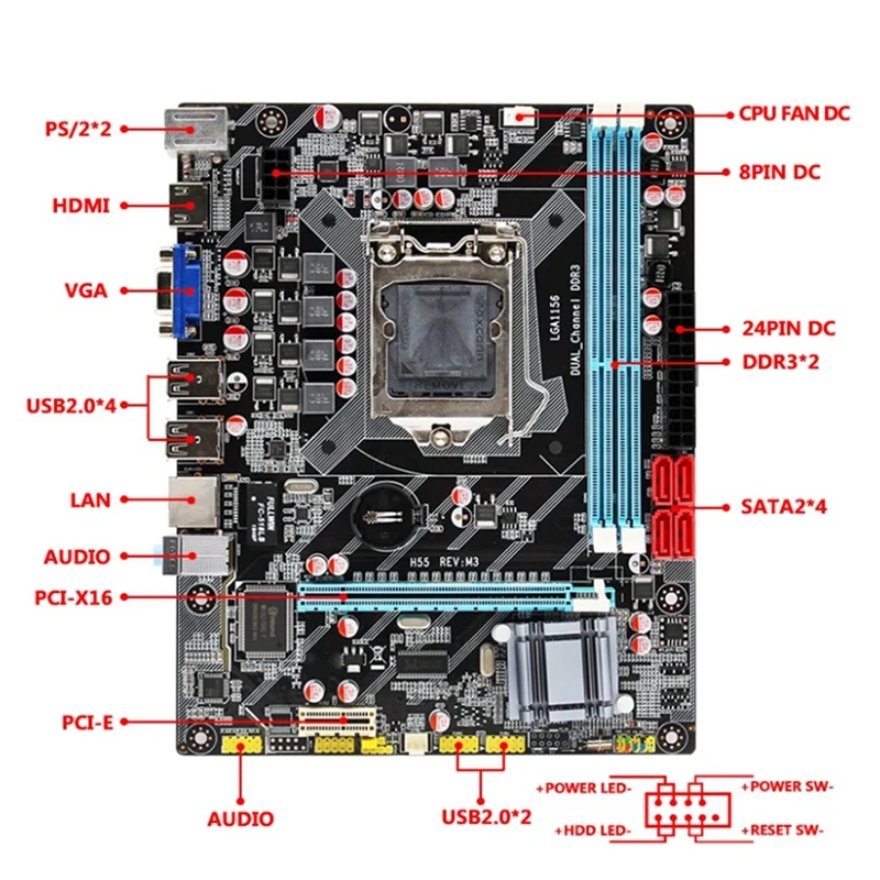

H55 Computer Motherboard LGA 1156-Pin M-ATX Motherboard DDR3 PCI-Express USB Ports Desktop Mainboard