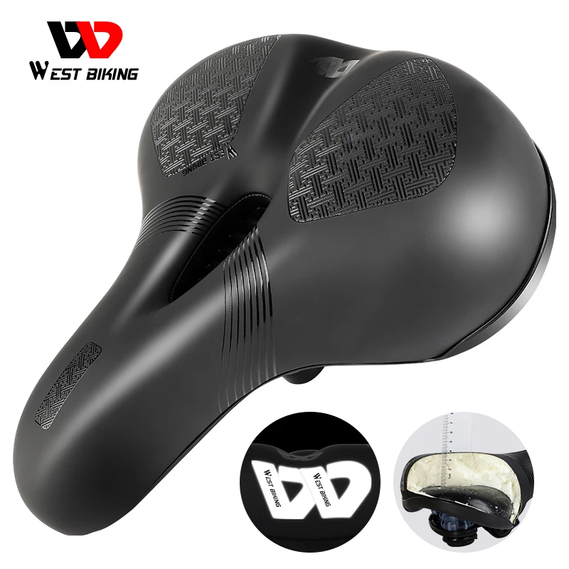 

WEST BIKING Wide Soft Bicycle Saddle Hollow Shock Absorption Mountain Bike Seat Breathable Reflective Waterproof Cycling Cushion