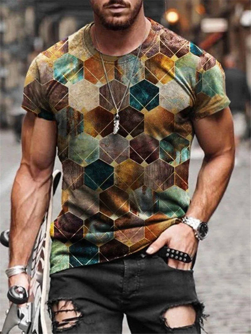 

2021 summer new short-sleeved fashion trend men's 3d printed T-shirt round neck half-sleeved casual top