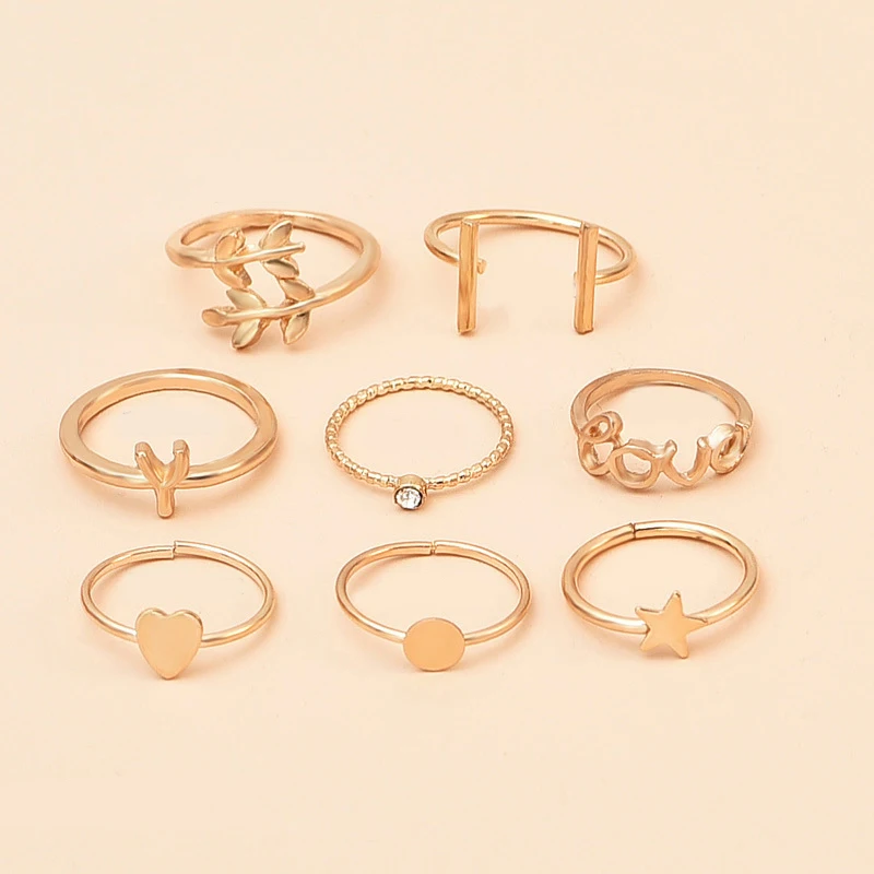 8 Pcs/Set Fashion Women Rings Set Leaf Letter Heart Round Star Y Shaped Knuckle Gold Ring Simple Wedding Party Jewelry | Украшения и
