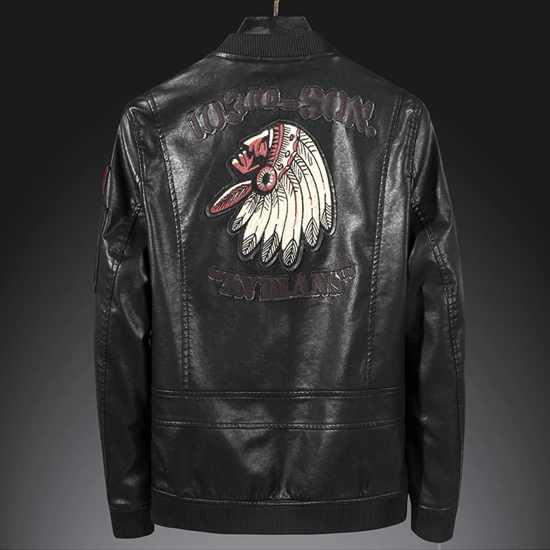 Embroidered Indian Avatar Men's Leather Jacket Coats Automotive Designer Plus Size 4XL Mens Baseball PU Overcoats A492 | Мужская
