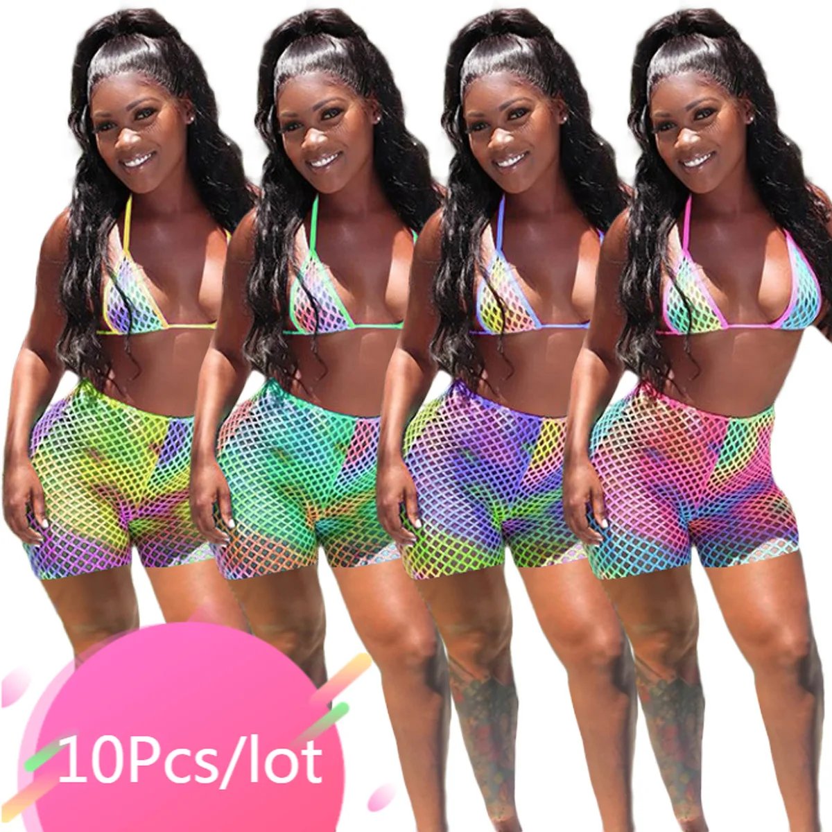 

Bulk Lots Wholesale Items Tie Dye Sexy Two Piece Short Set Bathing Suits for Women Bra Top Hollow Out Fishnet Summer Beach Wear