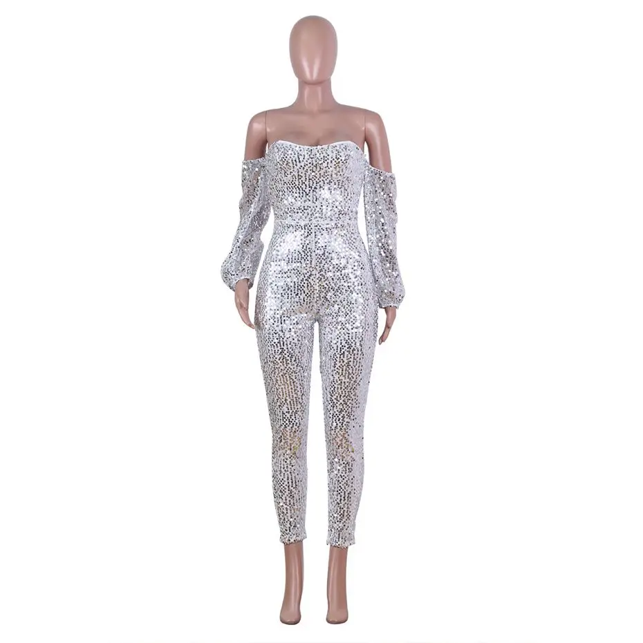 Серебристый HAOYUAN Sexy Sequin Jumpsuit Women Off Shoulder Lantern Sleeve Overalls Romper One Piece Outfit Streetwear Rave Bodycon Jumpsuit - Цвет: Серебристый