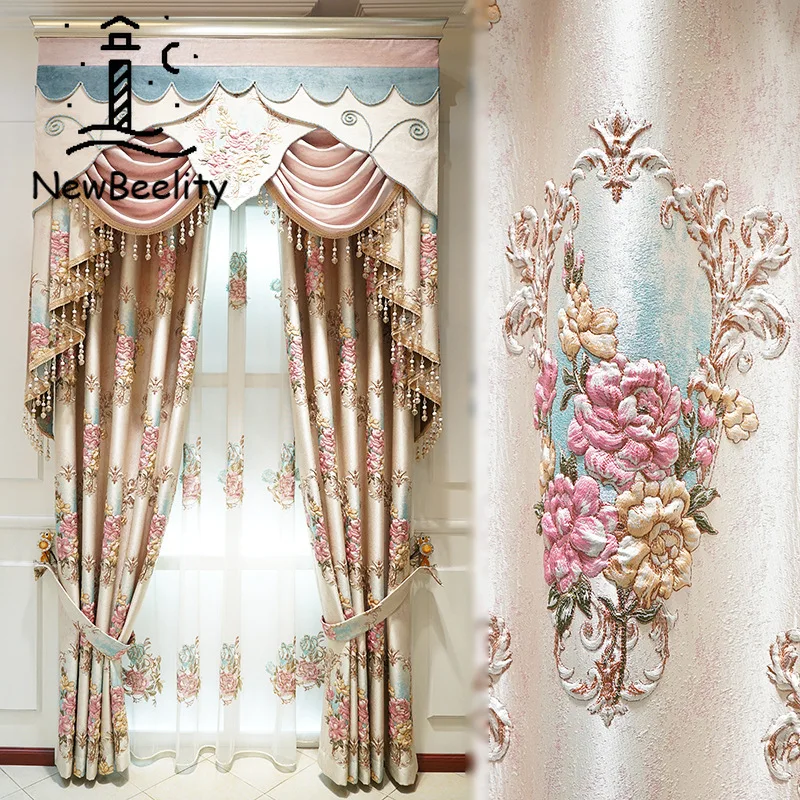 

2021 New Style Curtains for Living Room Beauty Pink Embroidered Jacquard Luxury High-end Embossed Shading Bedroom Customization