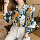 Элегантные модные блузки для женщин 2021 женская шифоновая рубашка с длинным рукавом и отложным воротником с асимметричным принтом топы Женская одежда