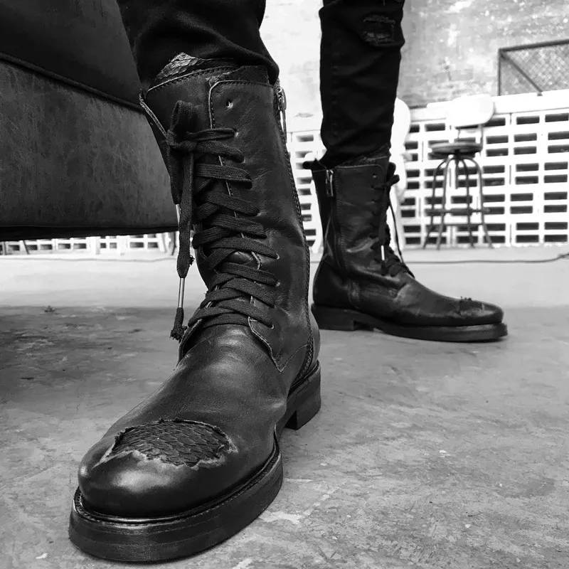 Мужские ботинки до середины икры в стиле ретро из змеиной кожи Харадзюку