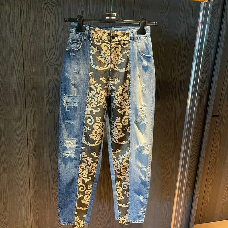 

High Quality Women Fashion Floral Print Patchwork High Waist Pants