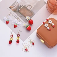 2021 sweet burgundy and cute fresh strawberry women earrings retro lace bow fruit hypoallergenic ear stud