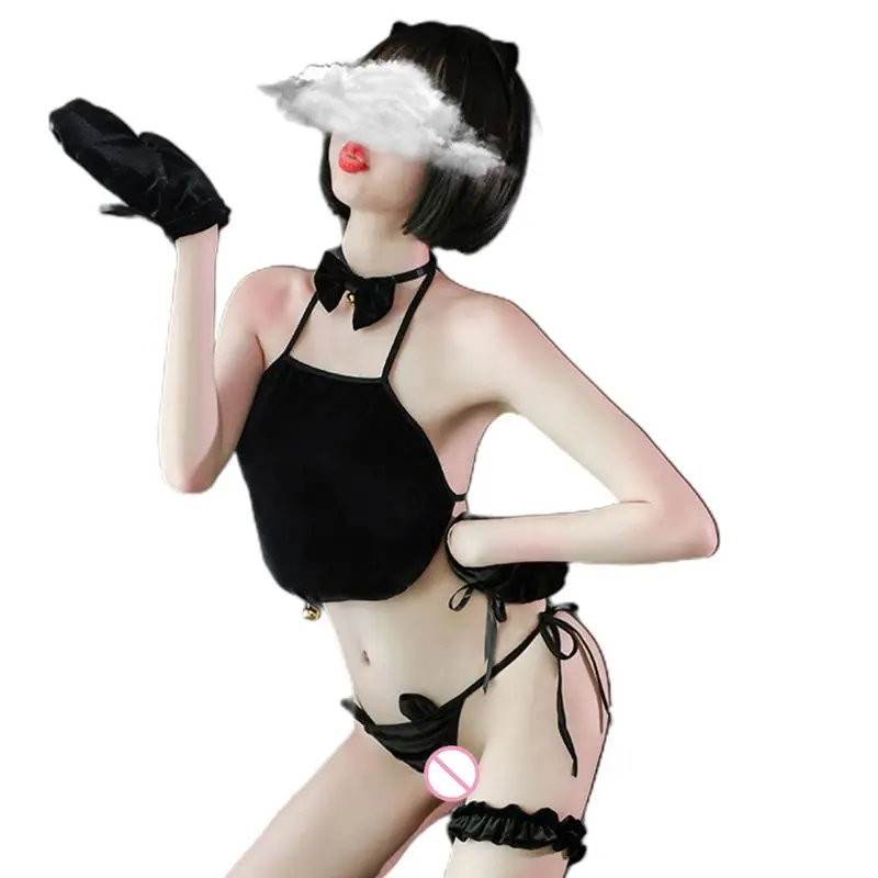 

Женское бархатное нижнее белье с котом и лямкой на шее