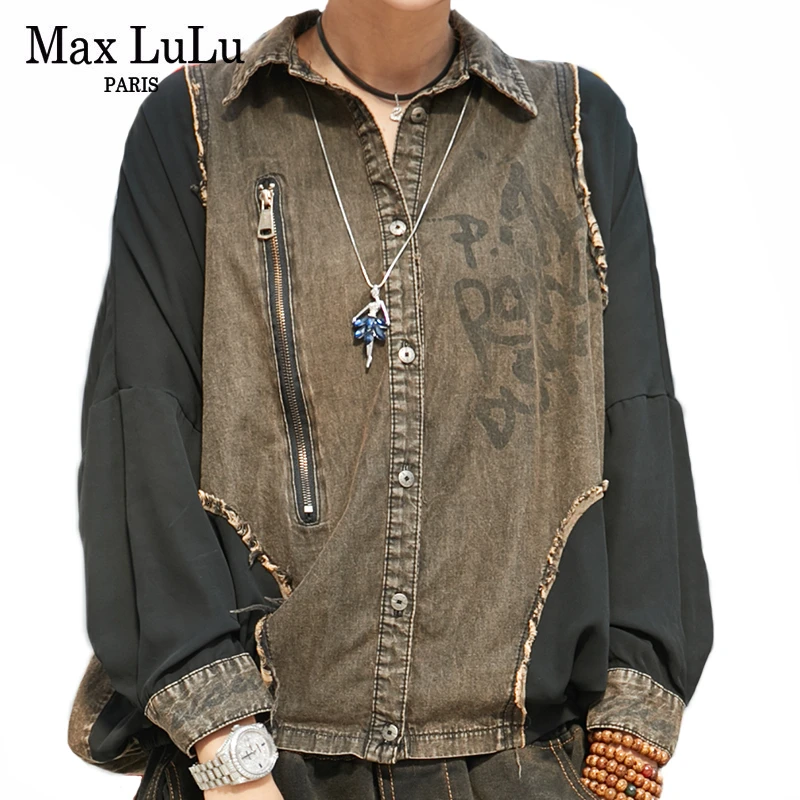 Max LuLu, новинка, модные корейские Брендовые женские винтажные джинсовые рубашки, женские Лоскутные Топы, женские весенние хлопковые блузки размера плюс