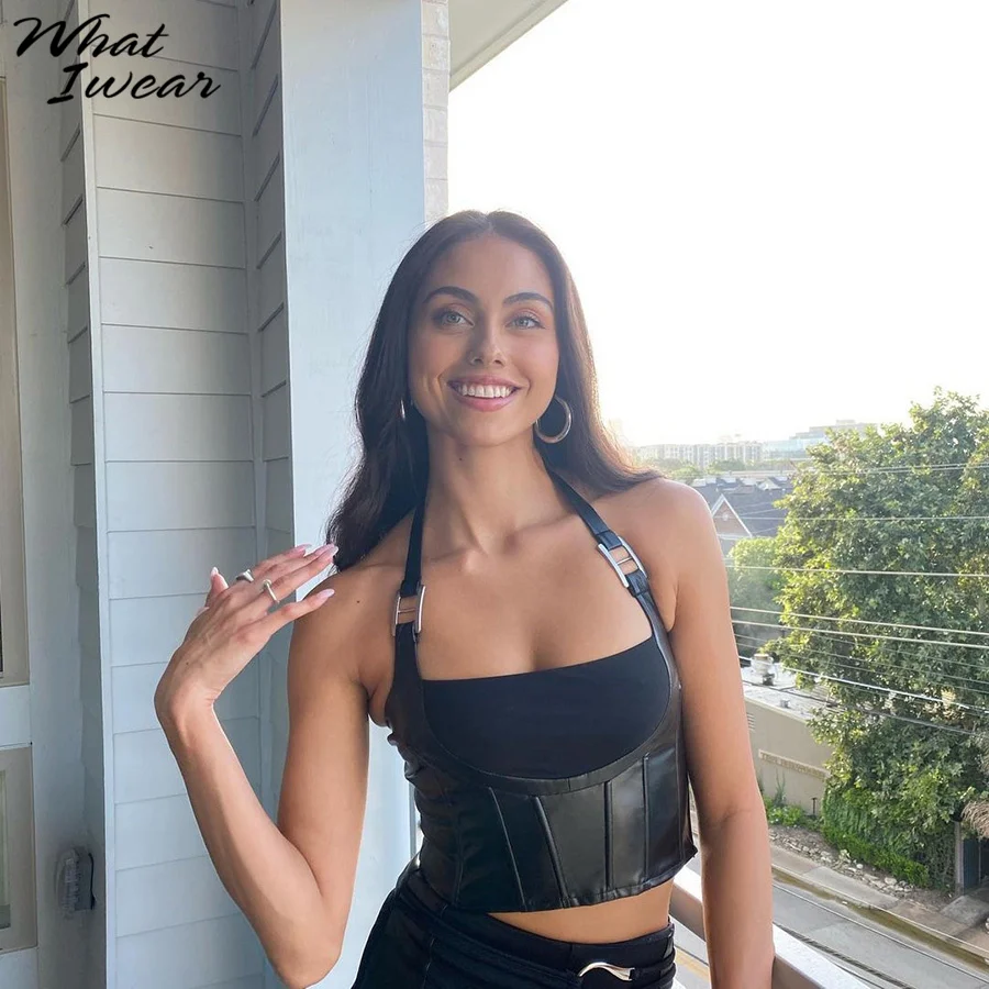 

Whatiwear Sexy Punk Black Leather Camisole Woman Hollow Backless Halter Lace Up Summer Vest Fashion Club Wear Tank Top Female