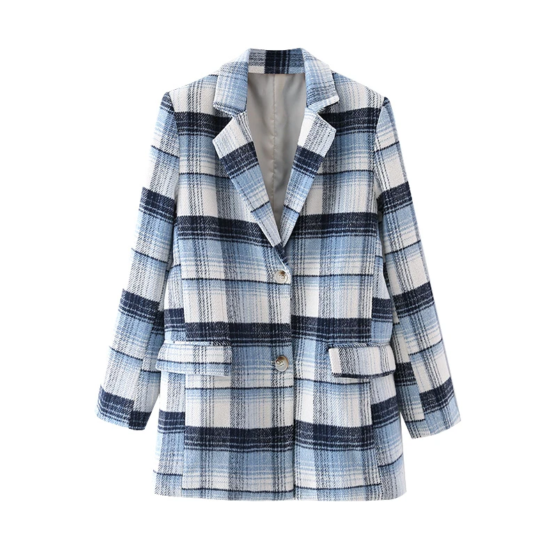 

New Elegant Women Woolen Blue Plaid Blazers Pop New Ladies Notched Collar Coats Causal Female Chic Slim Pocket Jacket