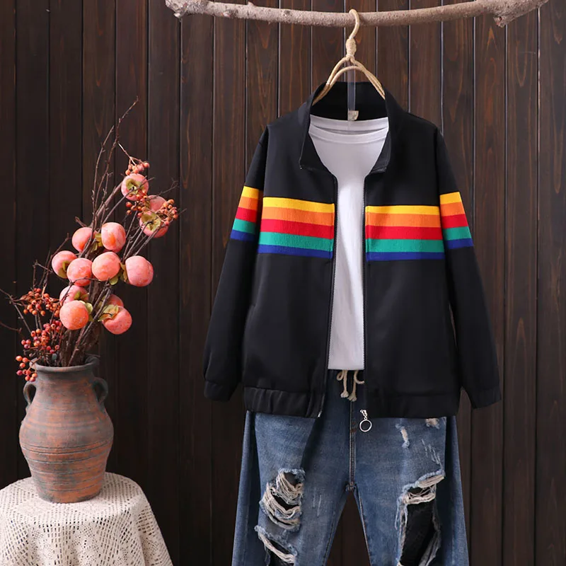 

Rainbow Stripes Casual Stand-up Collar Baseball Uniform Ladies Zipper Shirt Short Jacket