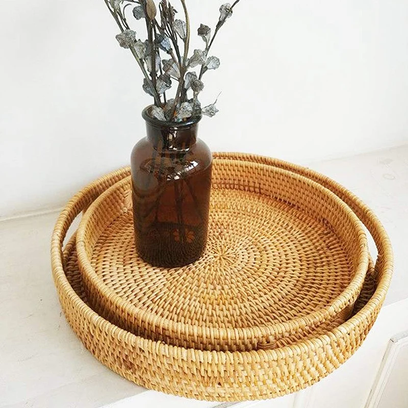 

Rattan Handwoven Round High Wall Severing Tray Food Storage Platters Plate over Handles for Breakfast,Drinks,Snack for Coffee Ta