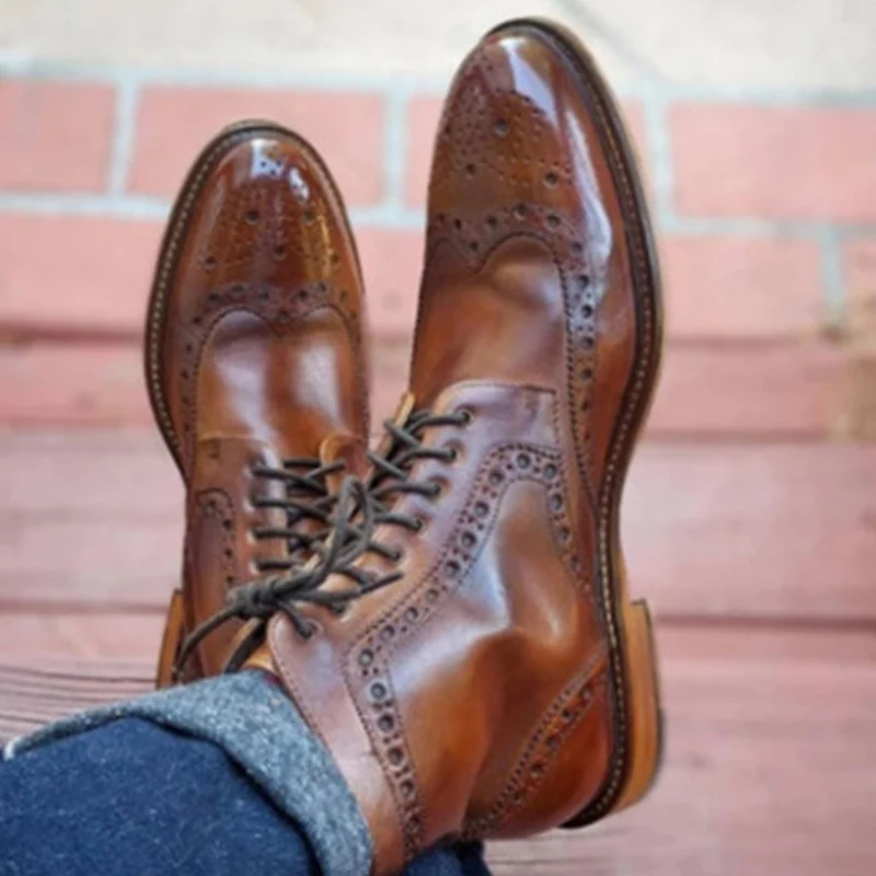 

Men's Flat Bottom Slope Heel High Tube Leather Shoes Large Roman Retro Ribbon Men's Shoes Fashion Casual New Leather Shoes