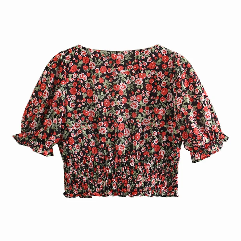 

Summer blouse women sexy shirt vintage floral blouse short sleeve square neck top korean elastic shirt bow cropped shirt 2021