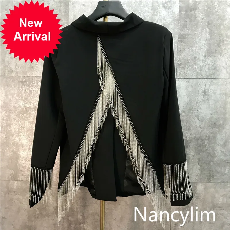 

Spring Ins Fashion Blazer Lady 2020 New Metal Tassel Chain Design Back Open Fork Suit Jacket Women's High Street Coats