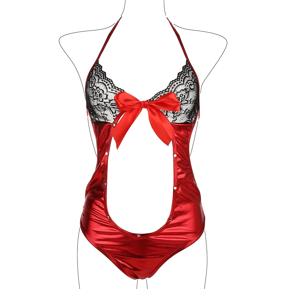 

Female Erotic Cosplay Costune New Women Lingerie Pu Leather Bodysuits Lace Backless One Piece Slim Tights Hollow Out Underwear
