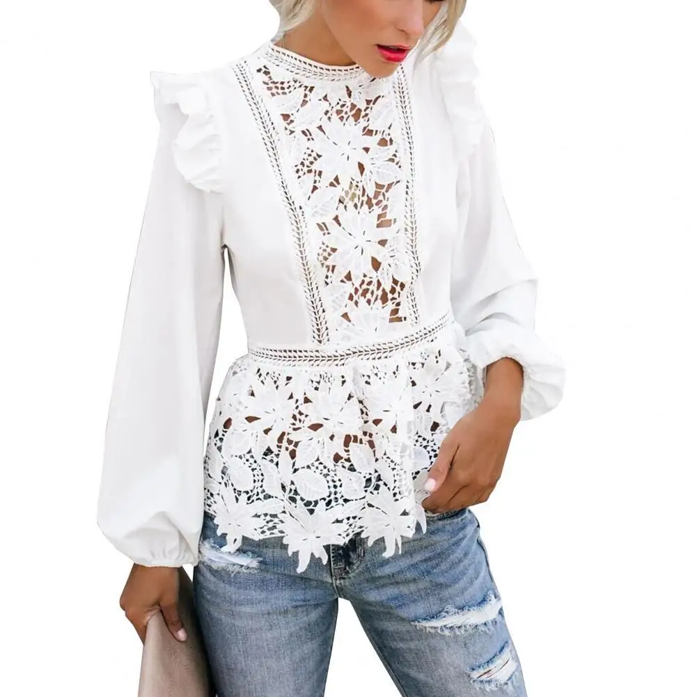 

Women Blouse Tops Ruffle Sexy Hollow Design Long Sleeve Fashion Female Shirts Floral Lace Elegant Office Lady Blouses blusas