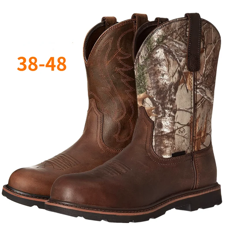 

Winter Men's Mid-calf Boots Slip-on Embroidery Leather Cowboy Boots Males Round Toe Outdoor Cool Motorcycle Boots Mens Shoes