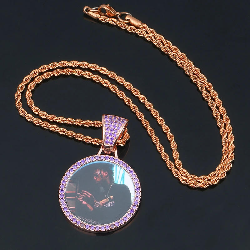

Custom Photo Memory Medallions Solid Pendant Necklace Purple Pink AAA Cubic Zircon Round Pendant Tennis Chain Hip Hop Jewelry