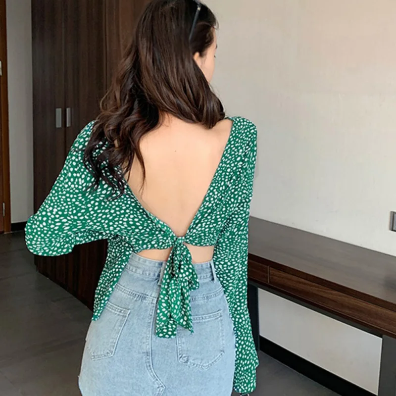 

Ladies V-neck Flared Sleeve Blouses Floral Shirt Spring Summer Bow Short Long Sleeve Sunscreen Women's Clothing