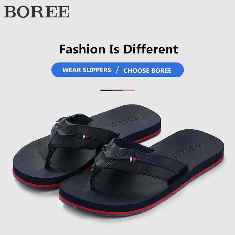 

BOREE Luxury Leather Handmade Men Home Slippers Spring Slip On Soft Comfortable Bedroom Indoor Flat Men Shoes EVA Flip Flops