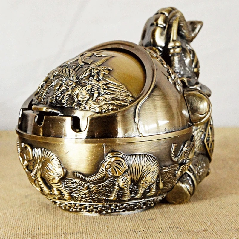 

K3NA Vintage Elephant Decorative Windproof Ashtray with Lid Metal Portable Decorative