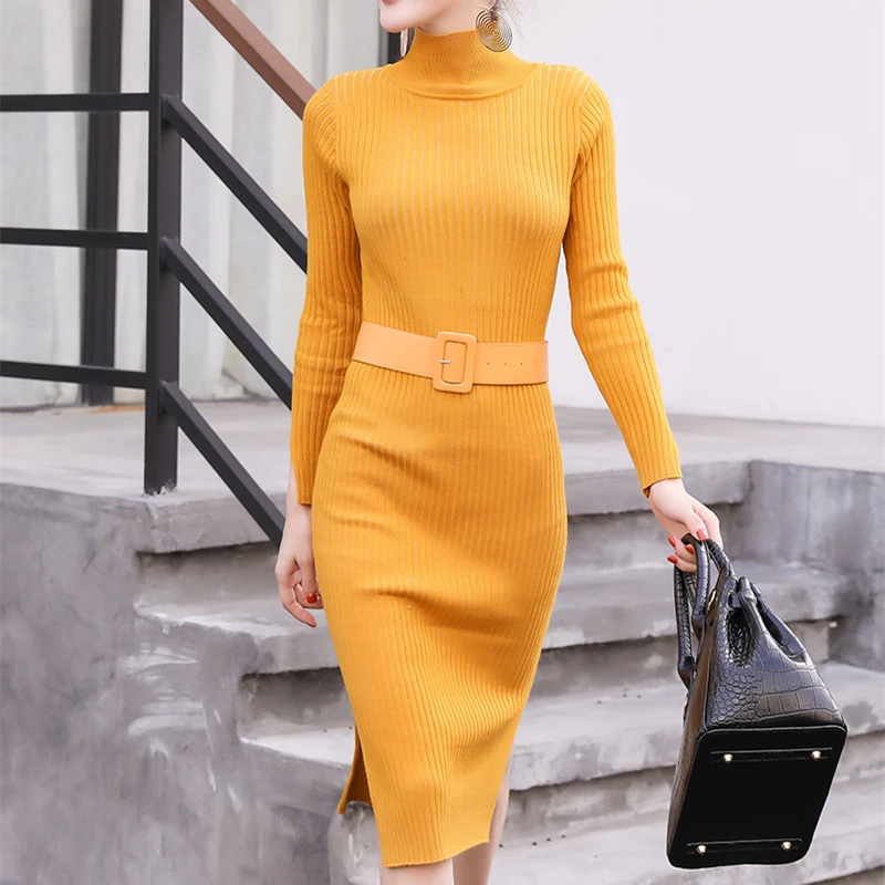 2019 Водолазка женская с длинным рукавом сплит подол свитер платье Женская