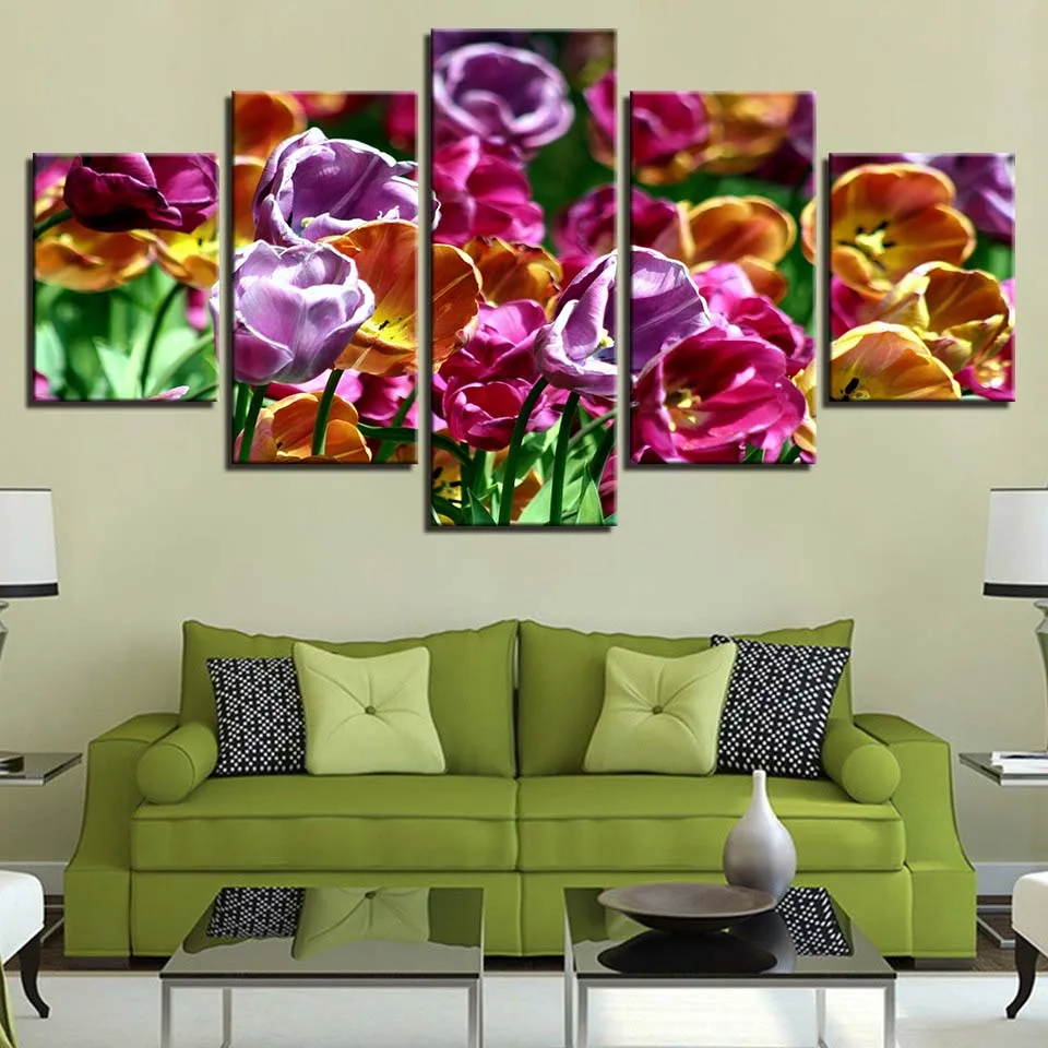 

5 Piece Canvas Wall Art Pink Red Yellow Flowers Posters Living Room Modern Decoration Bedroom Image Home Office Picture