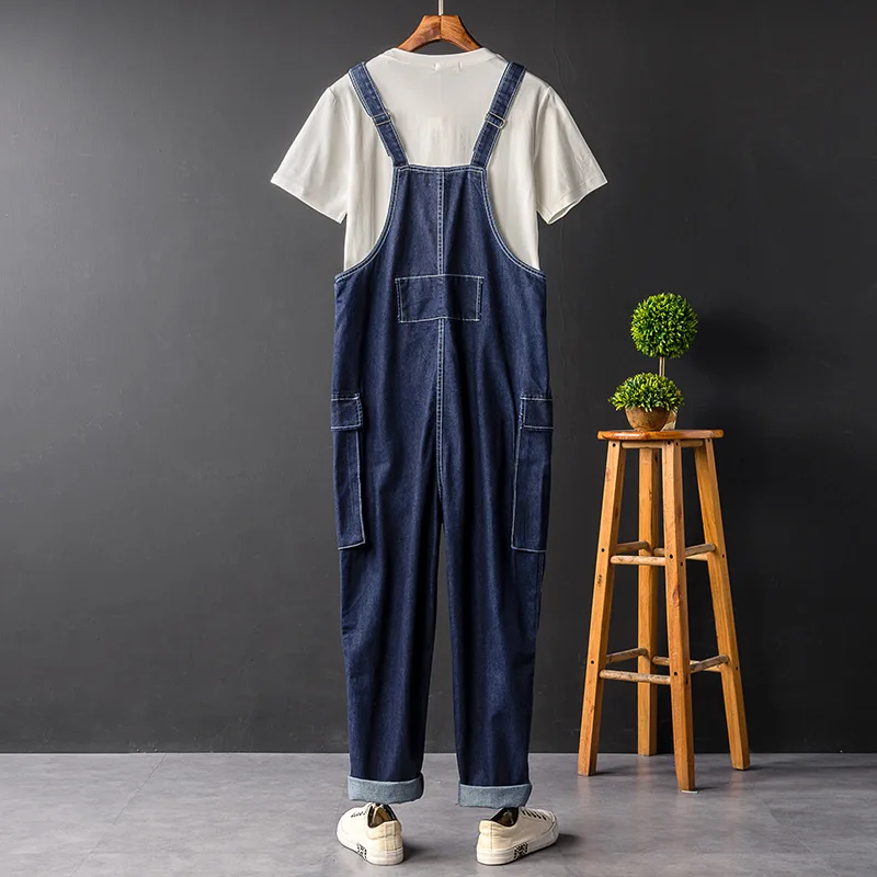 Fashion Loose Plus Size Man Jeans Bib Overalls Multi-Pocket Hip Hop Denim Jumpsuits Trousers Blue Leisure Freight Wide Leg Pants