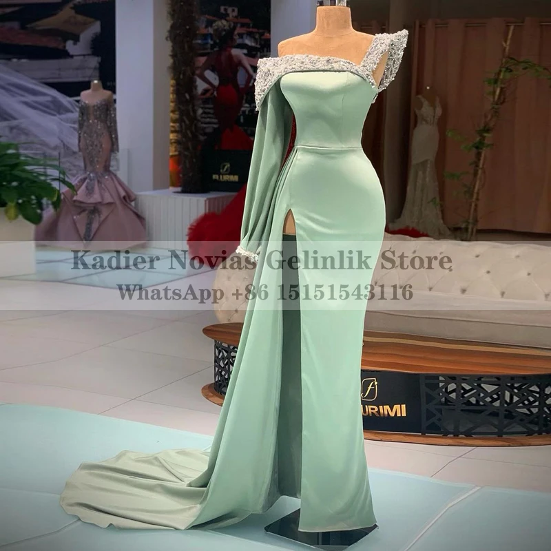 

Long Sleeve Mermaid Green Satin Evening Dresses 2022 with Slit Beads Prom Party Dress vestidos de noche
