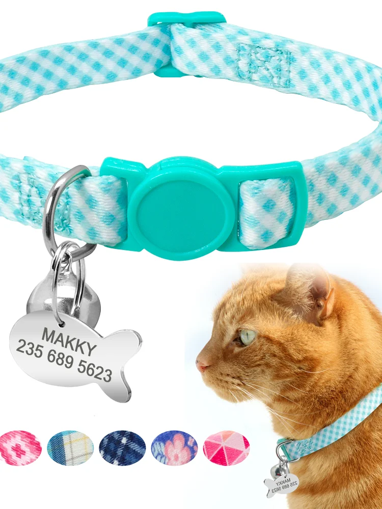 

2021Custom Safety Cat Collar Personalized Cute Kitten Puppy Collars with Bell Name Tag Nylon Print Pet Cats Necklace Accessories
