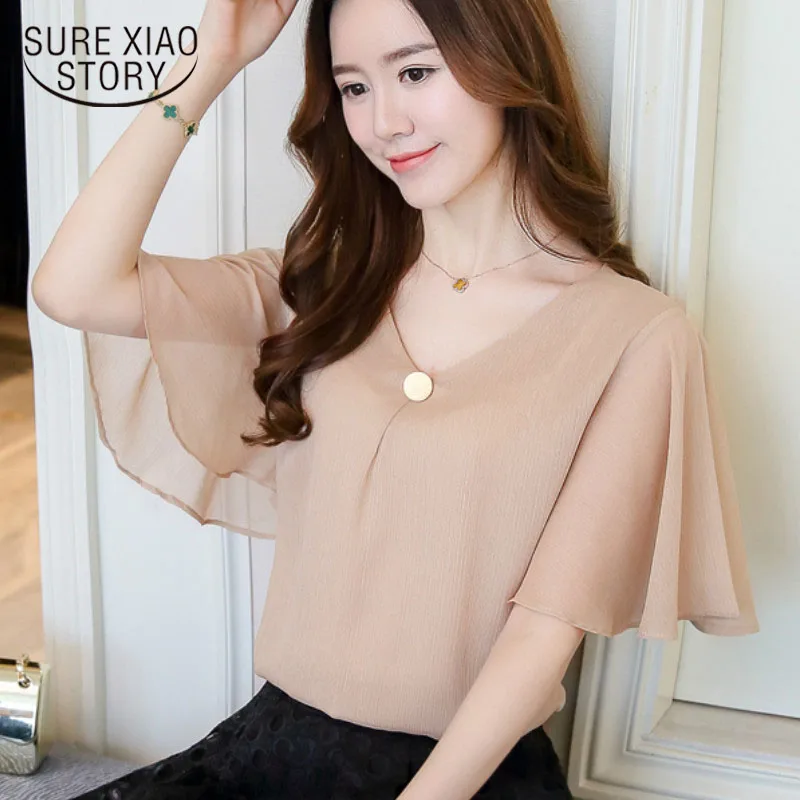 

2021Plus Size 4XL Chiffon Women Blouse Shirts Fashion Tops Khaki Short Sleeve V-neck Women's Clothing Blouses Blusas D644 30