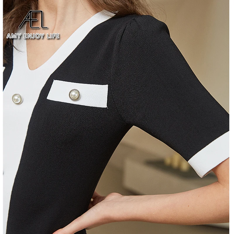 AEL Jersey dress for women Fashion Summer Runway Dress Women's Short Sleeve Buttons Decoration Knitting Sweater | Женская одежда