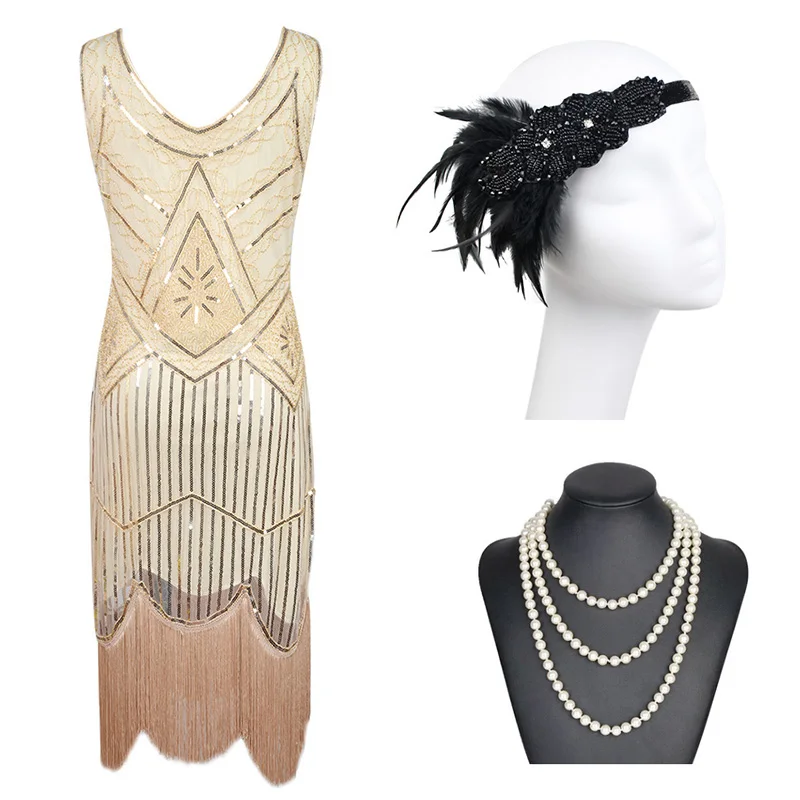 Beige Set 1920s Гэтсби блесток бахромой Пейсли Хлопушка платье с 20s аксессуары набор xs, s, l, m, xl, xxl - Цвет: Beige Set