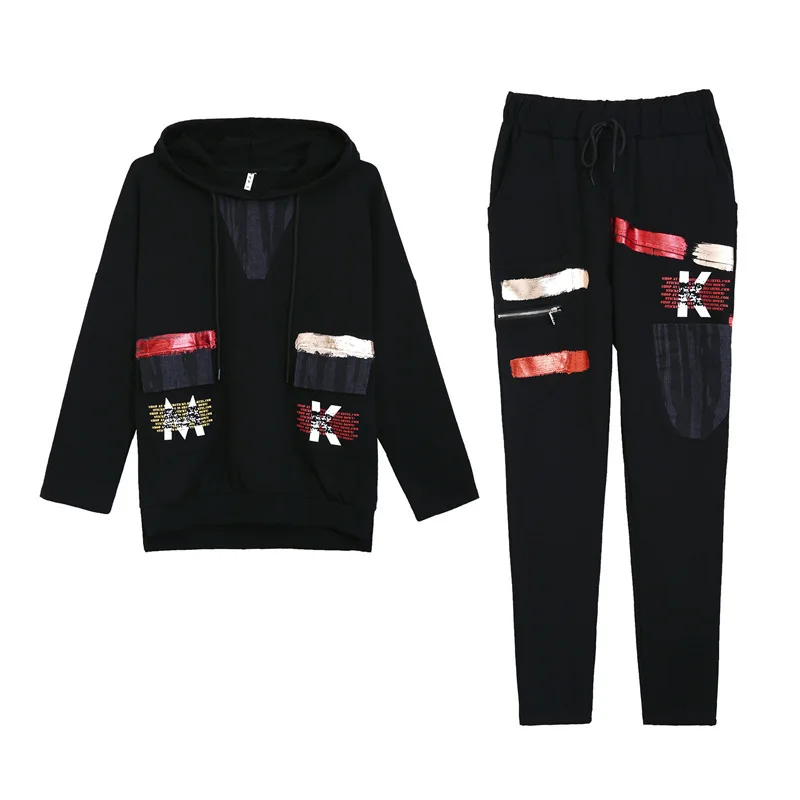 

SOUL OF TIGER 2019 Korean Fashion Ladies Luxury Printed Tops And Elastic Pants Women Two Piece Sets Fitness Patchwork Tracksuits